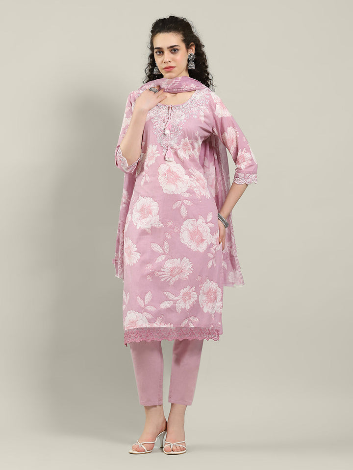 Kantha Work Cotton Blend Kurta With Pants