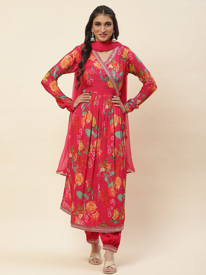Floral Printed Chiffon Kurta With Pants &amp; Dupatta