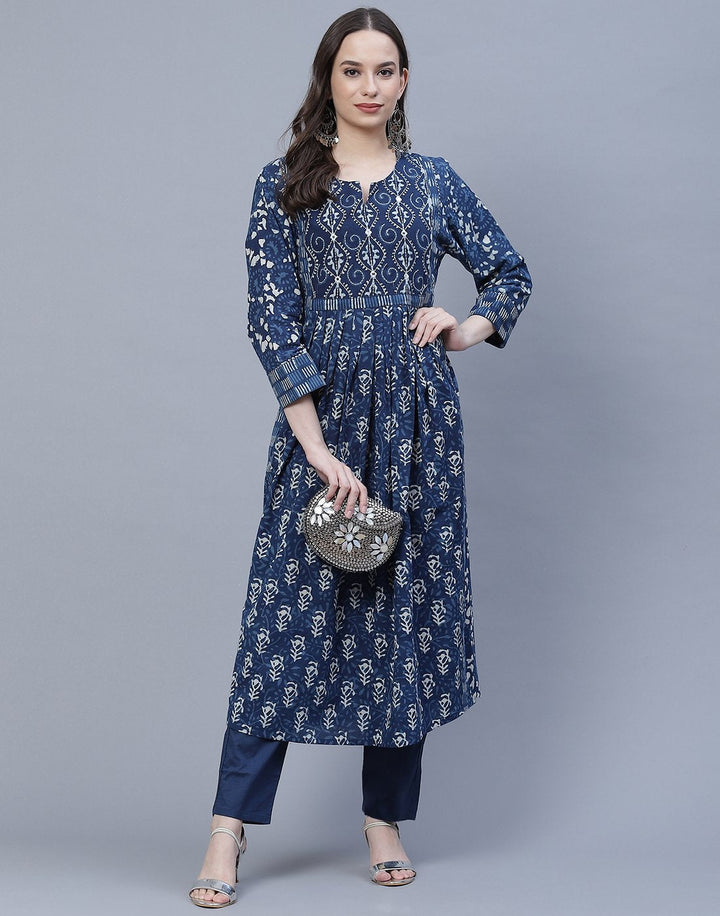 Indigo Cotton Printed A-Line Kurti