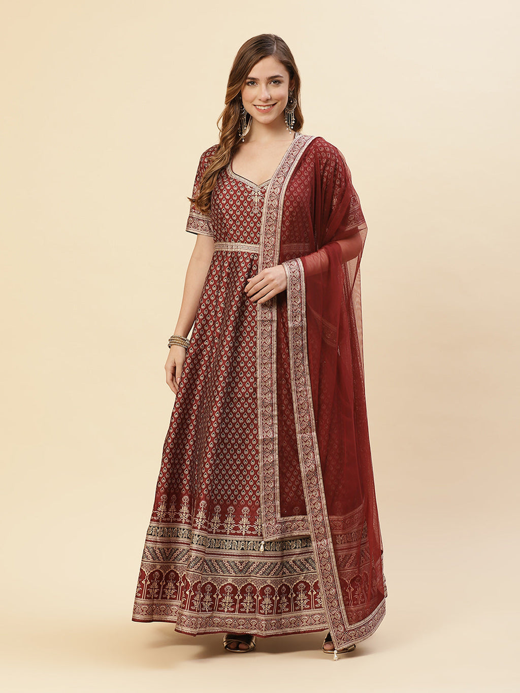 Art Tussar Digital Printed Anarkali Kurti With Chudidar And Dupatta