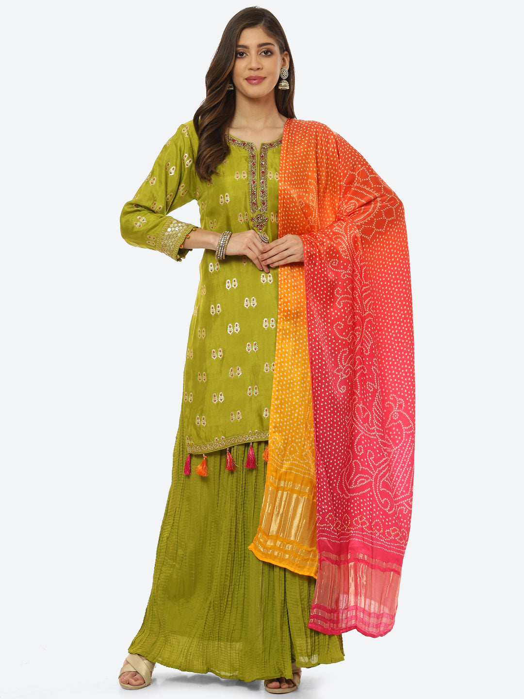 Zari Booti Neck Zari Embroidered Handloom Kurta With Garara &amp; Dupatta