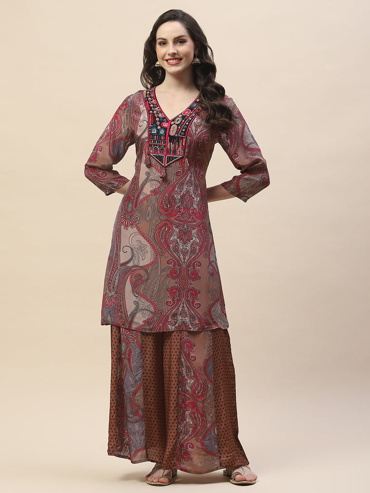 Neck Patti Crepe Kurta With Palazzo