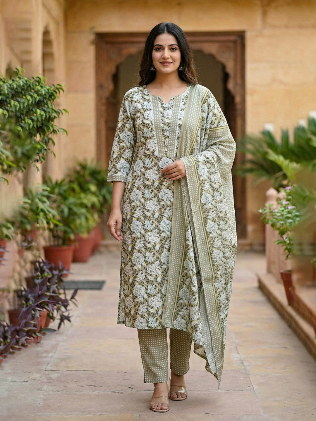 Printed Cotton Blend Kurta With Pant &amp; Dupatta