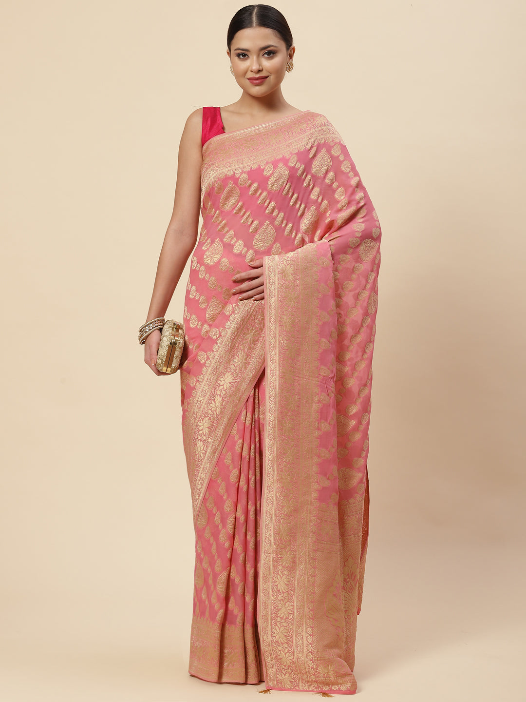 Zari Border Booti Georgette Plain Saree