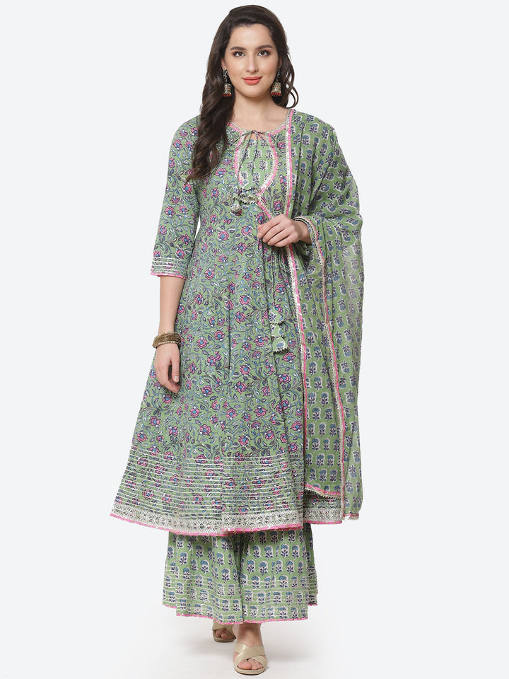 Block Printed Cotton Anarkali Kurti With Palazzo And Printed Dupatta