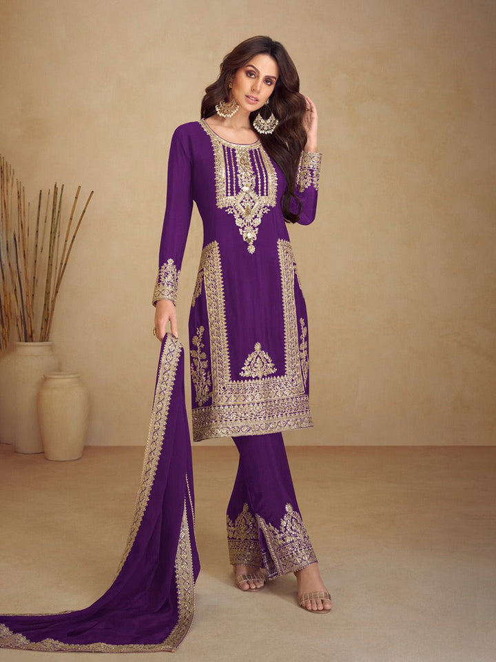 Embroidered Chinon Kurta With Pant &amp; Dupatta