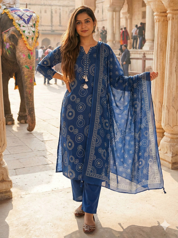 Blue Cotton Blend Printed Straight Suit Set