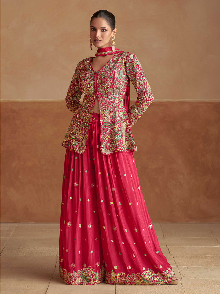 Embroidered Chinon Kurti With Gharara &amp; Dupatta
