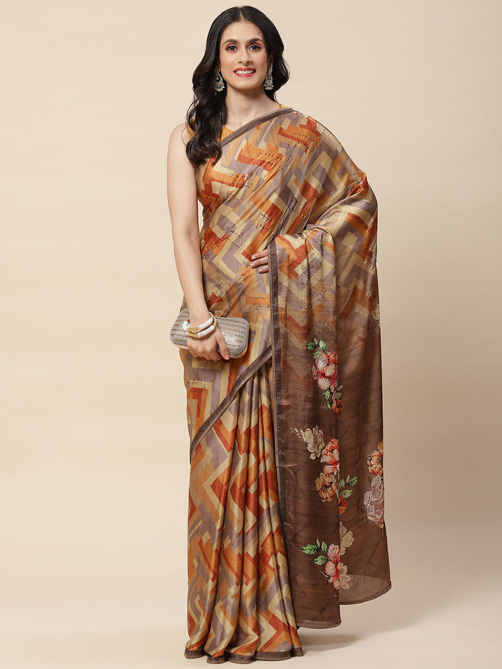 Abstract Digital Printed Satin Saree