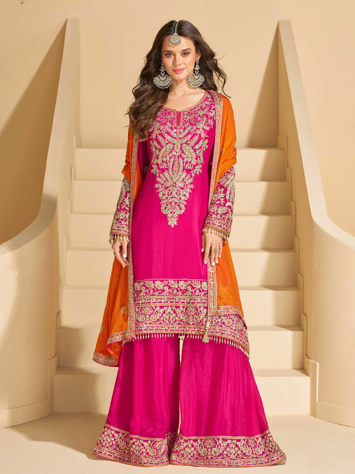 Embroidered Chinon Suit With Pant &amp; Dupatta