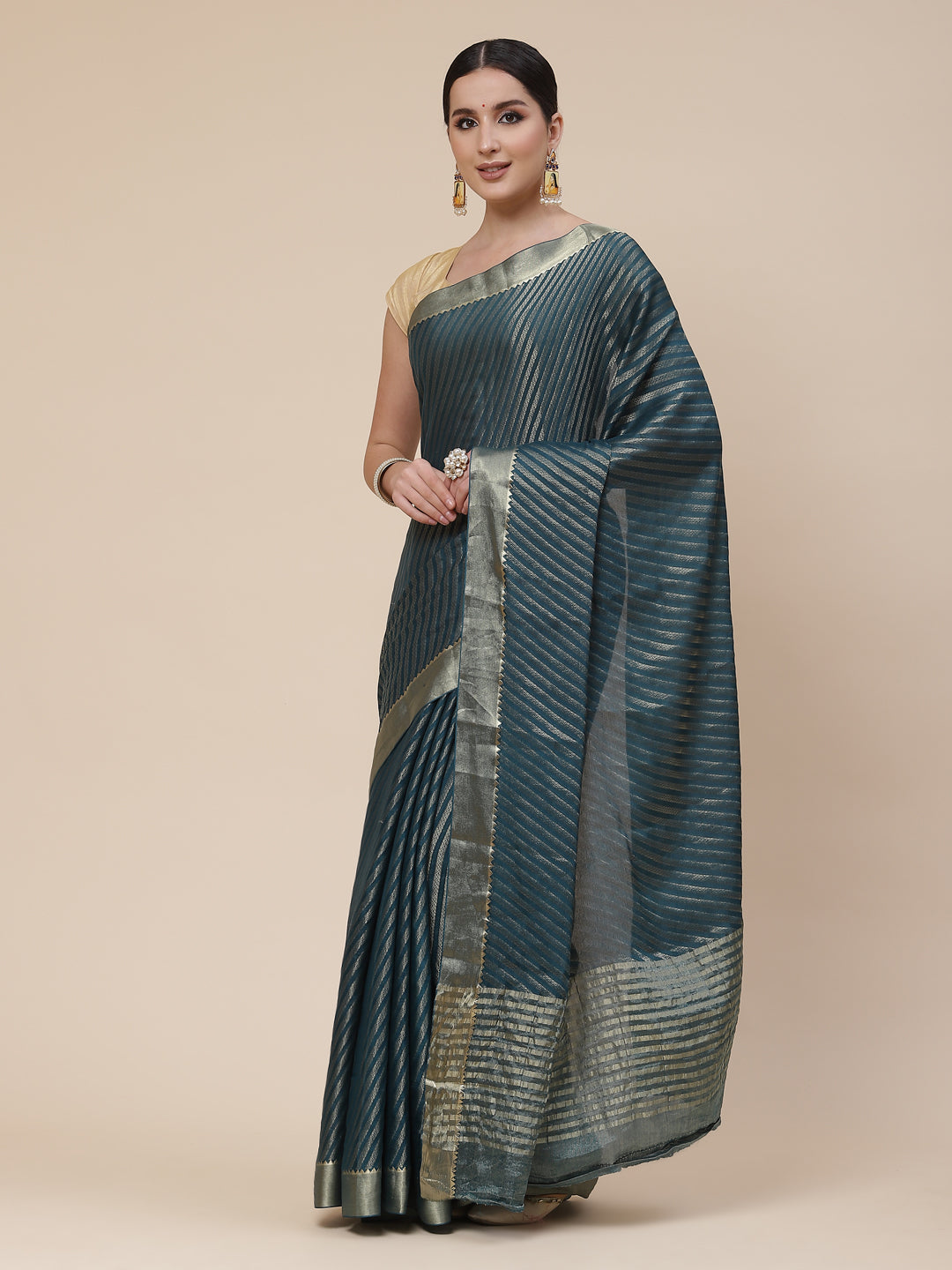 Striped Brocade Georgette Plain Saree
