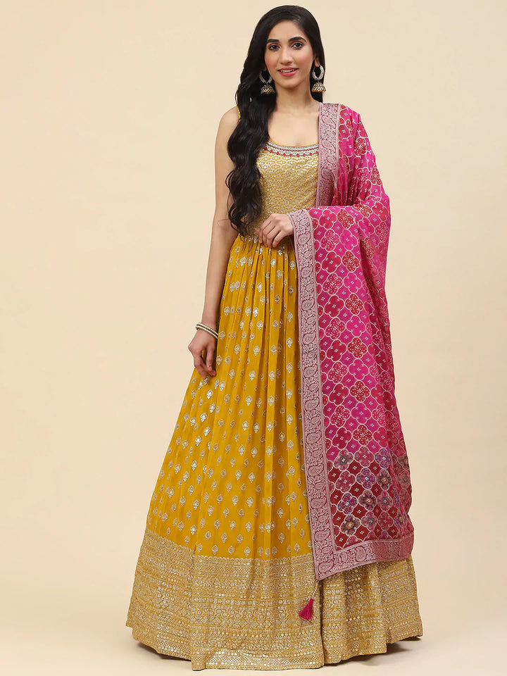 Sequin Embroidered Georgette Kurta With Churidar &amp; Dupatta