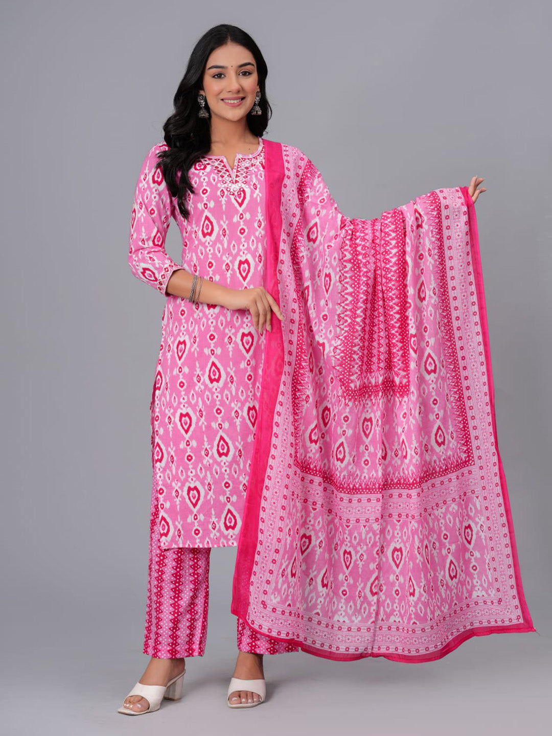 Printed Cotton Blend Kurta With Pant &amp; Dupatta
