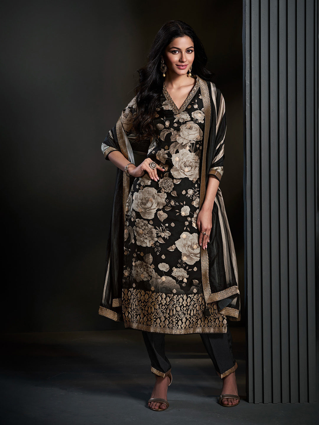 Black Printed Art Silk Kurta With Pant & Dupatta