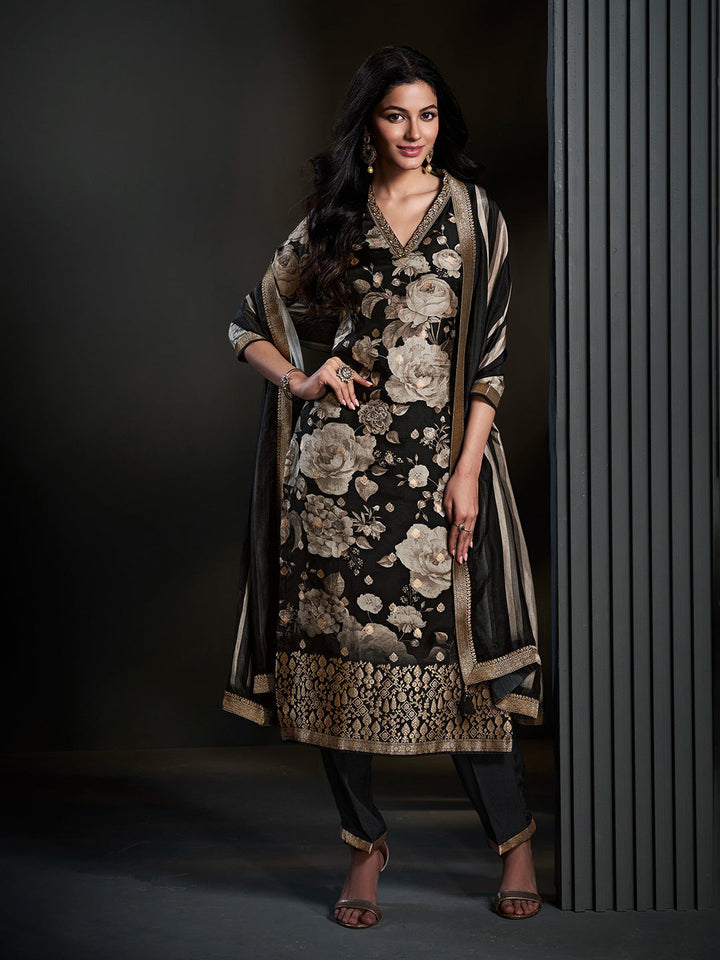 Black Printed Art Silk Kurta With Pant &amp; Dupatta