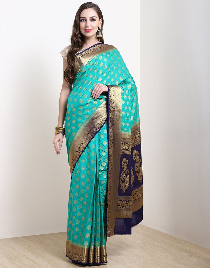 MBZ Meena Bazaar-Sea Green Art Handloom Saree
