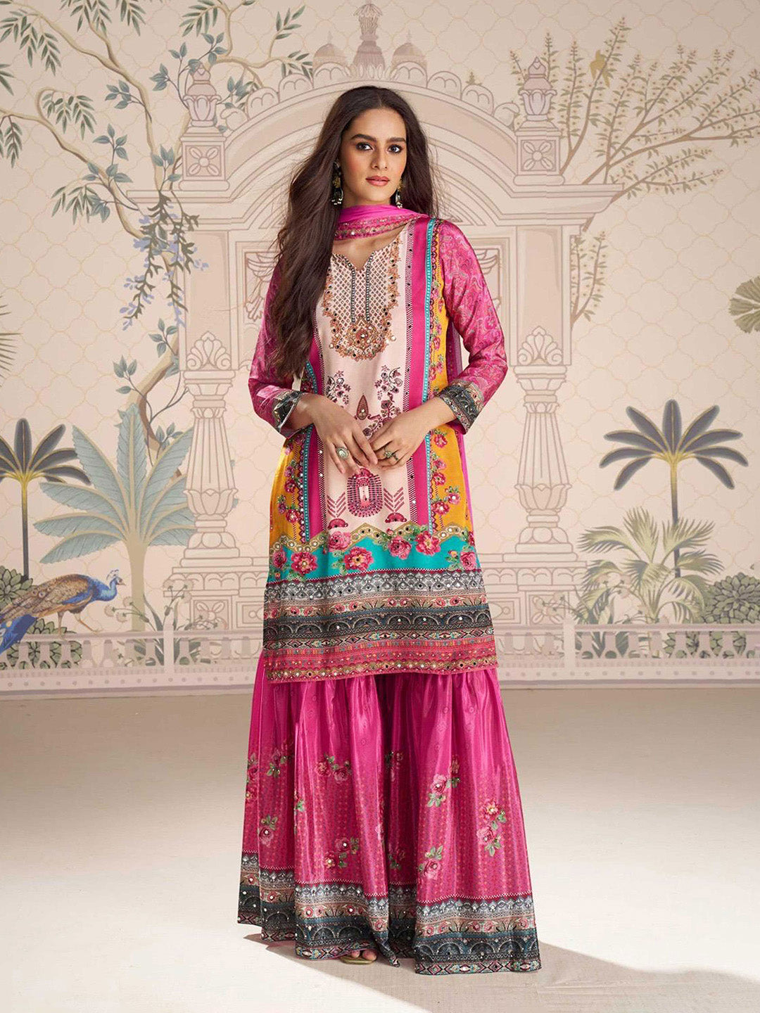Embroidered Crepe Kurti With Plazzo &amp; Dupatta