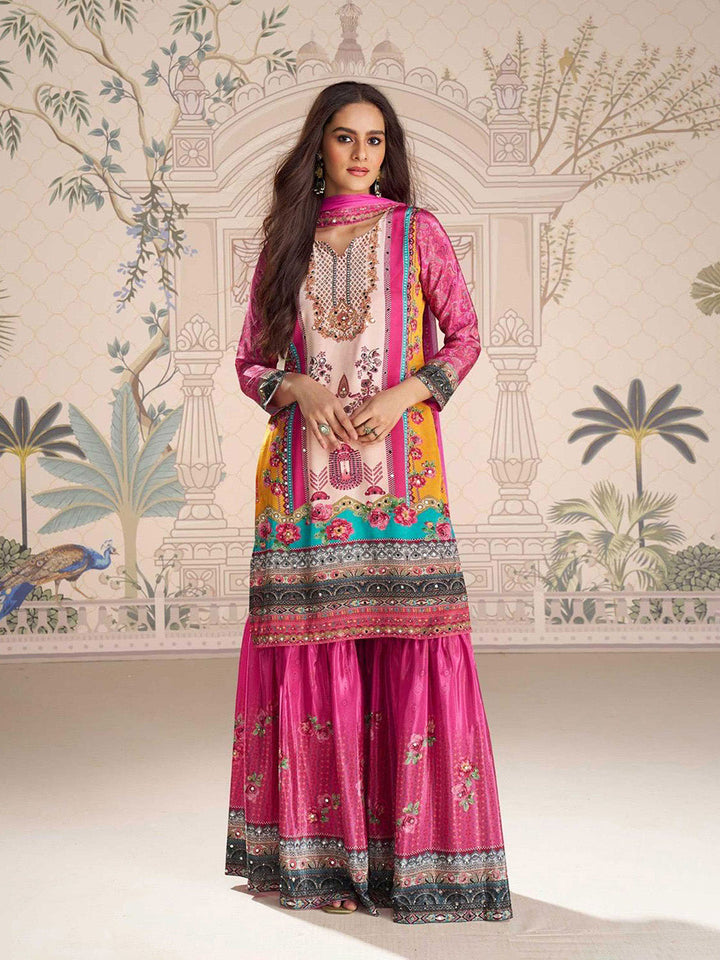 Embroidered Crepe Kurti With Plazzo &amp; Dupatta