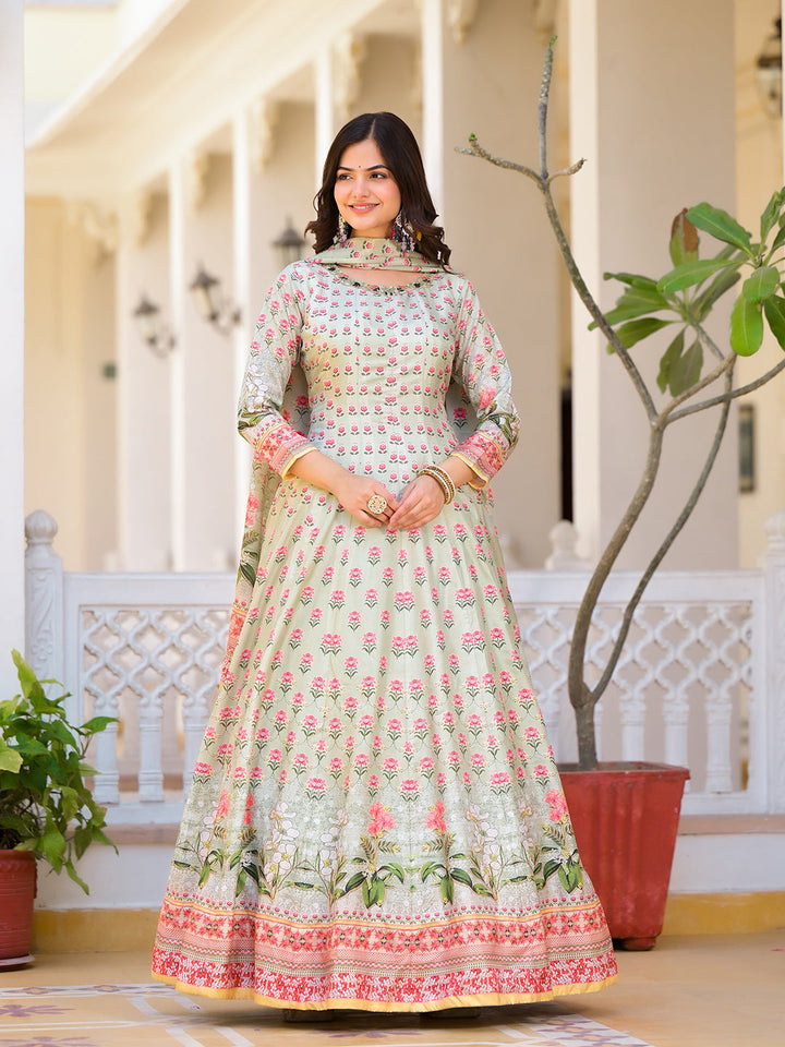 Digital Printed Anarkali Kurta With Churidar &amp; Dupatta