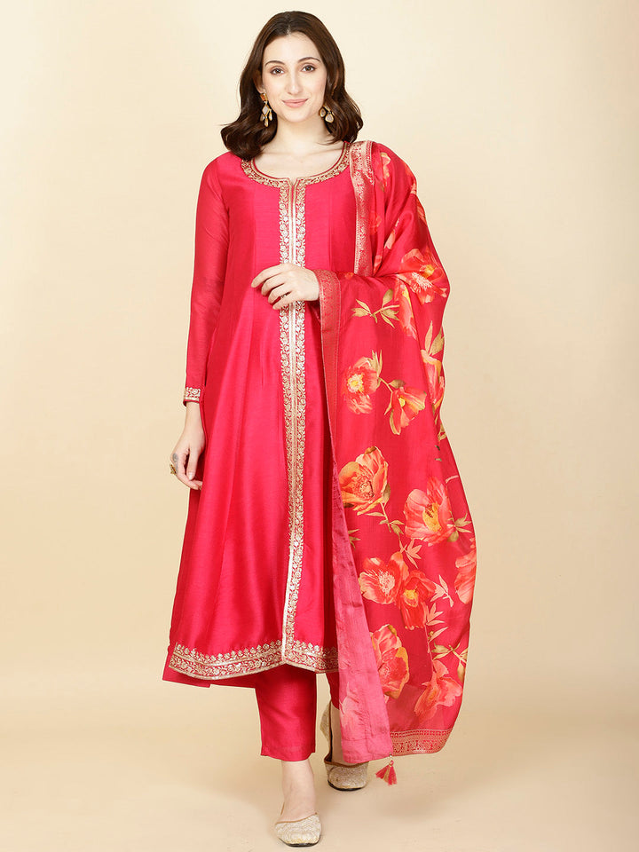 Neck Embroidery Handloom Kurta With Pants &amp; Dupatta