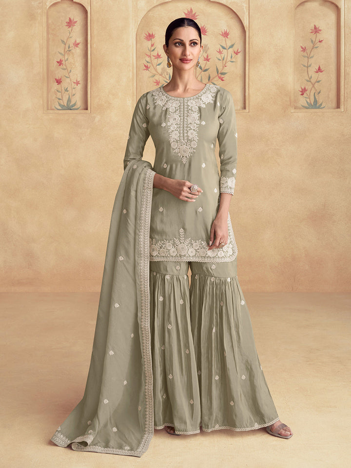 Embroidered Shimmer Silk Kurta With Plazzo &amp; Dupatta
