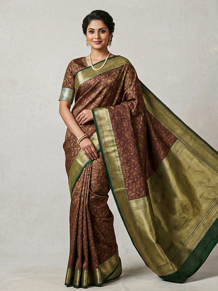 Wine Woven Design Satan Resham Banarasi Saree