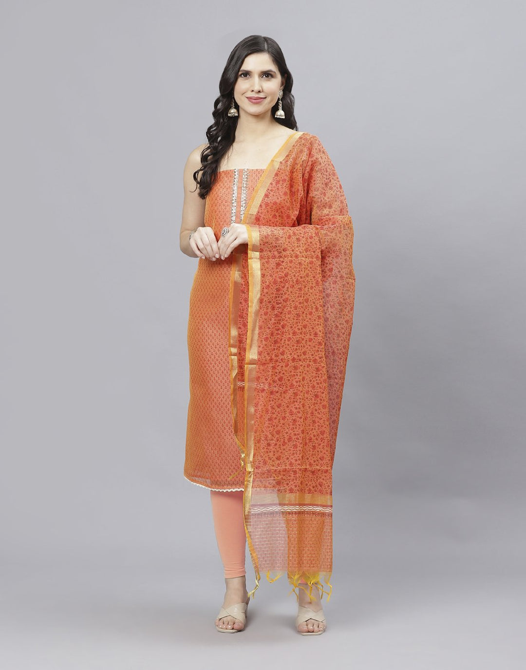 Printed Chanderi Suit Piece With Dupatta