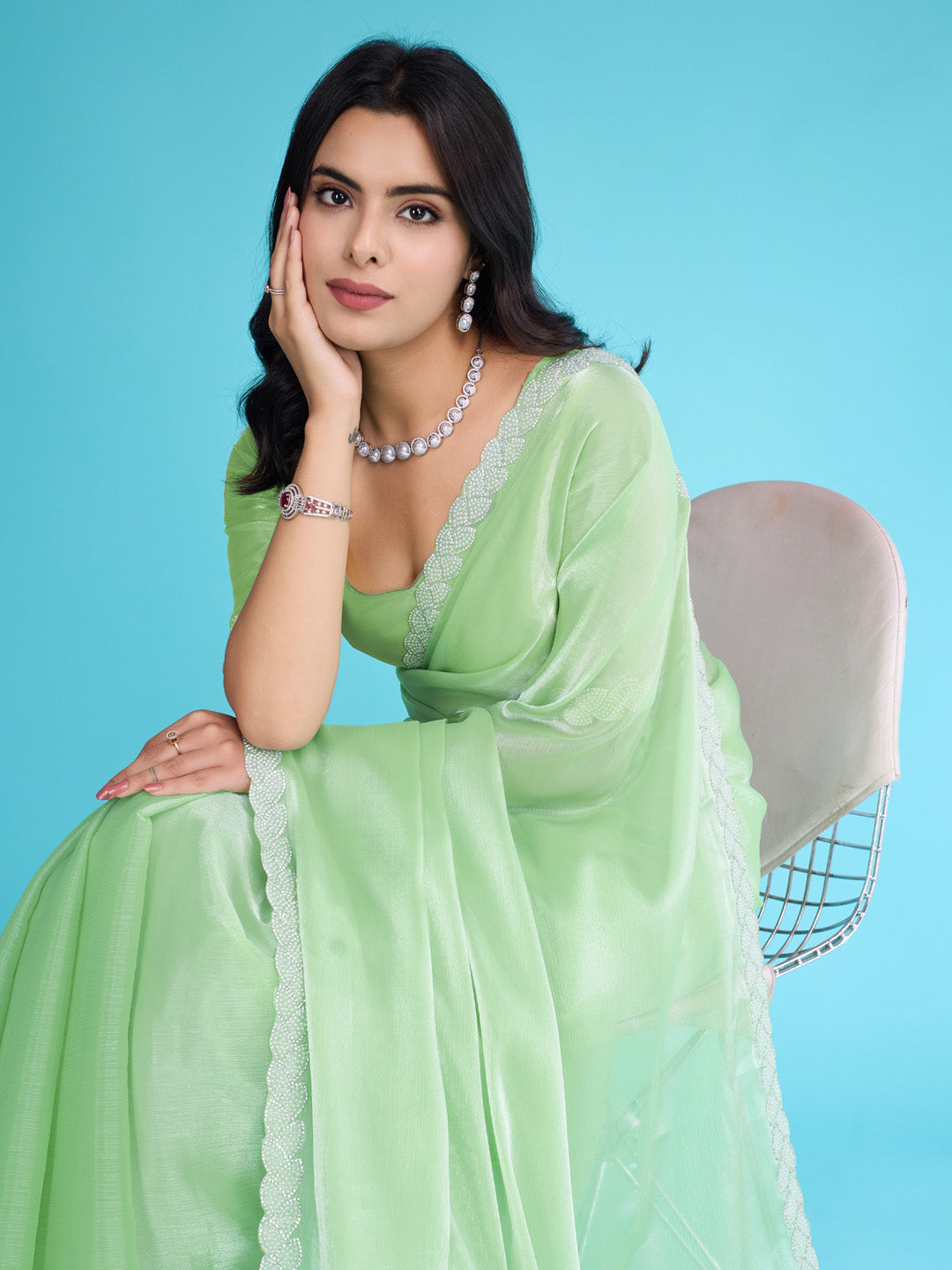 Embroidered Chinon Saree