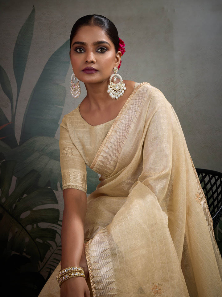 Thread Embroidered Woven Border Linen Saree