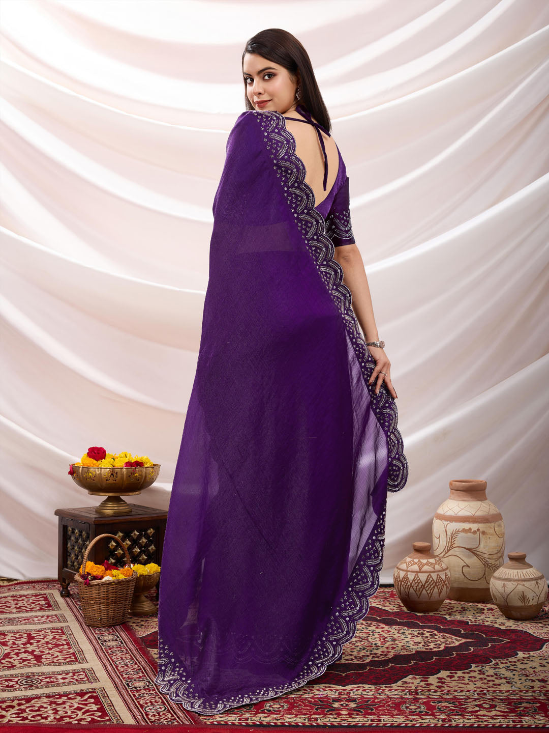 Embroidered Satin Velvet Saree