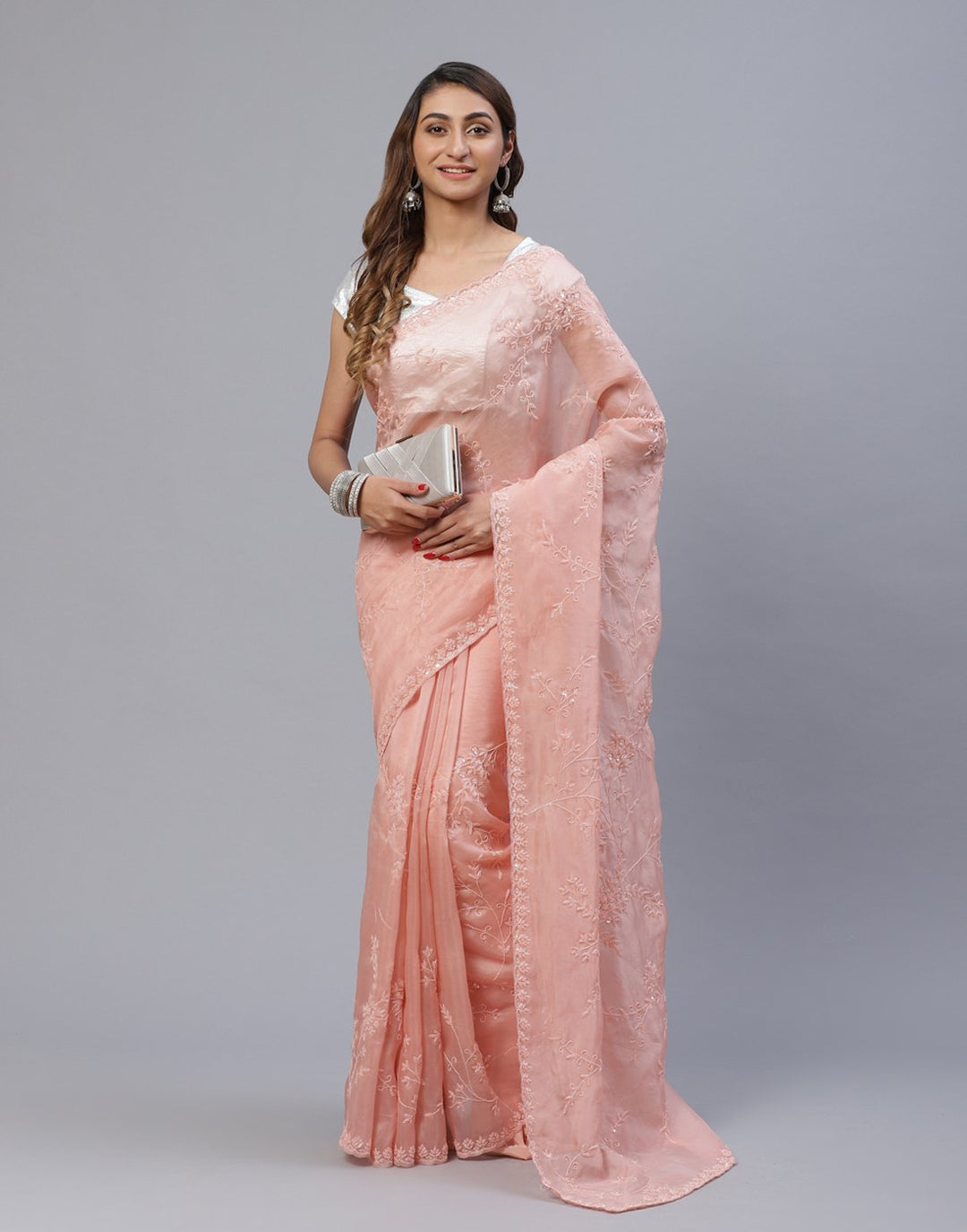 Embroidered Kora Organza Saree With Stone Work