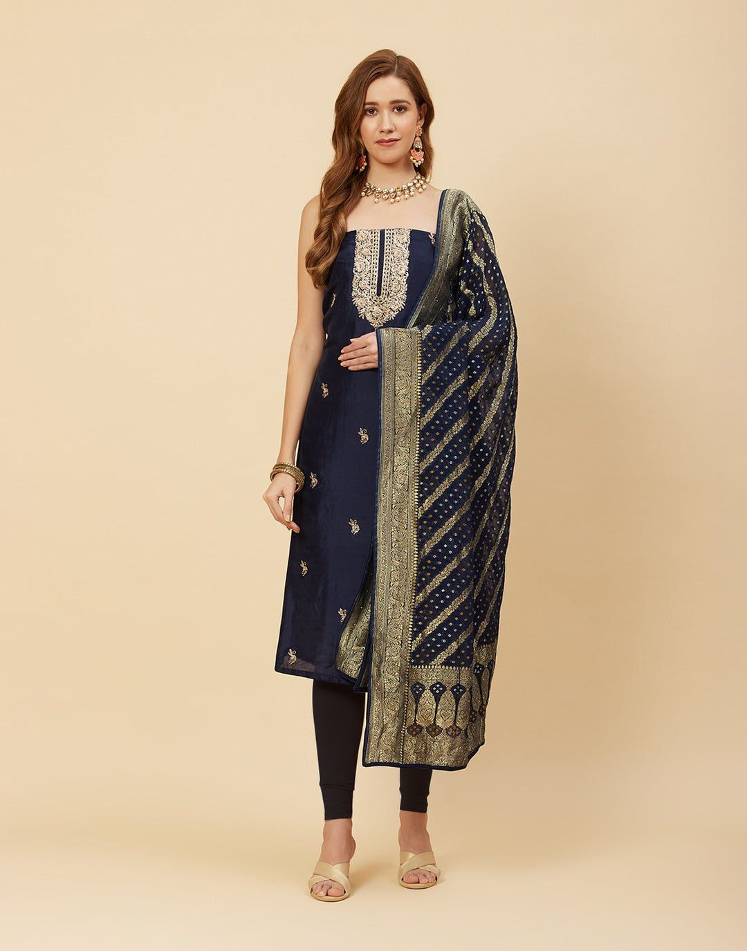 Embroidered Art Handloom Dupion Suit Piece With Bandhini Dupatta
