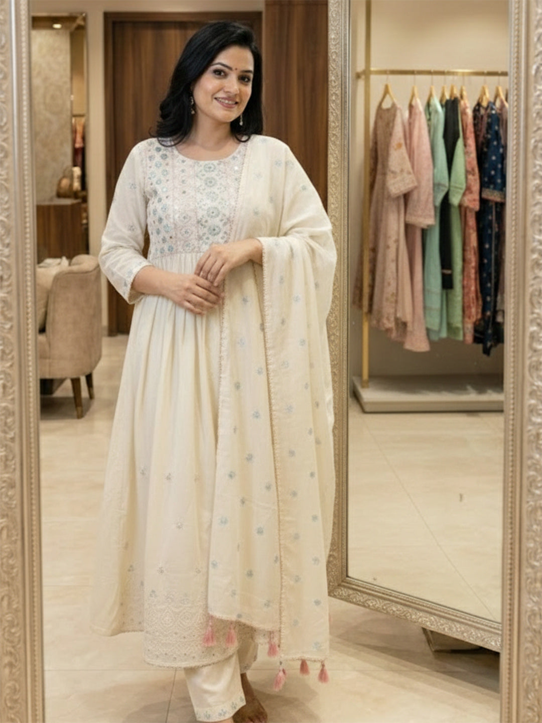 Embroidered Cotton Blend Kurta With Pant &amp; Dupatta