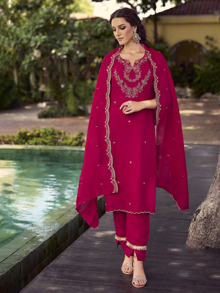 Embroidered Shimmer Vichitra Kurta With Pant &amp; Dupatta