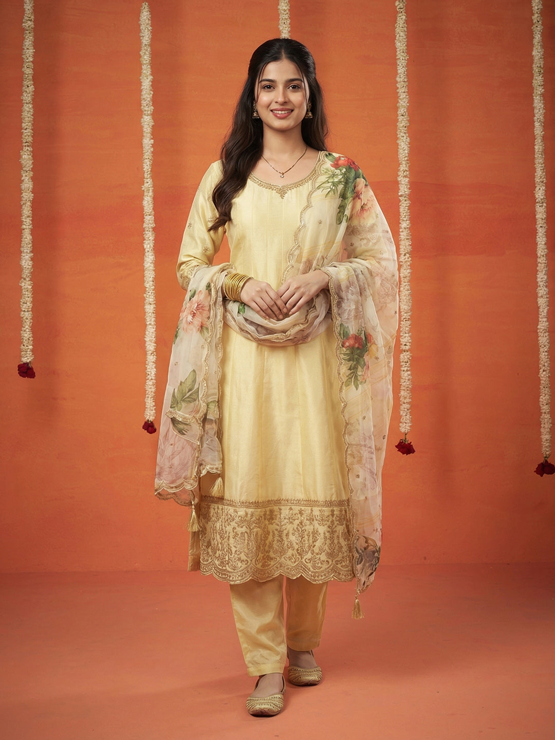 Embroidered Chinon Kurta With Pant &amp; Dupatta