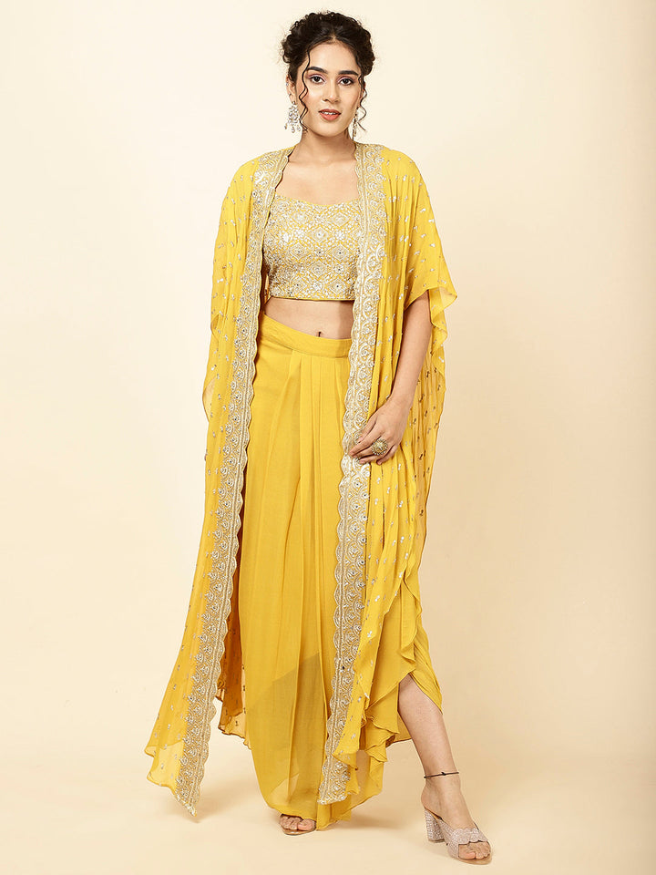Sequin Embroidered Georgette Drape Skirt With Top &amp; Jacket