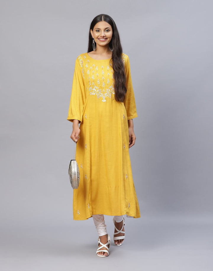 Plain Cotton Kurti With Yoke Embroidery