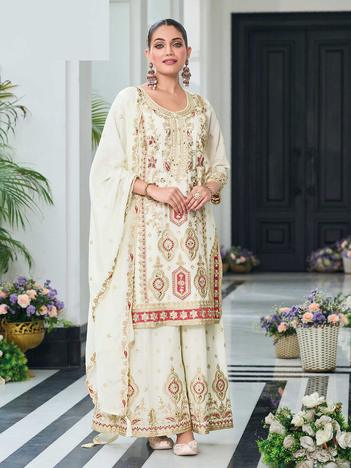Embroidered Chinon Kurta With Plazzo &amp; Dupatta
