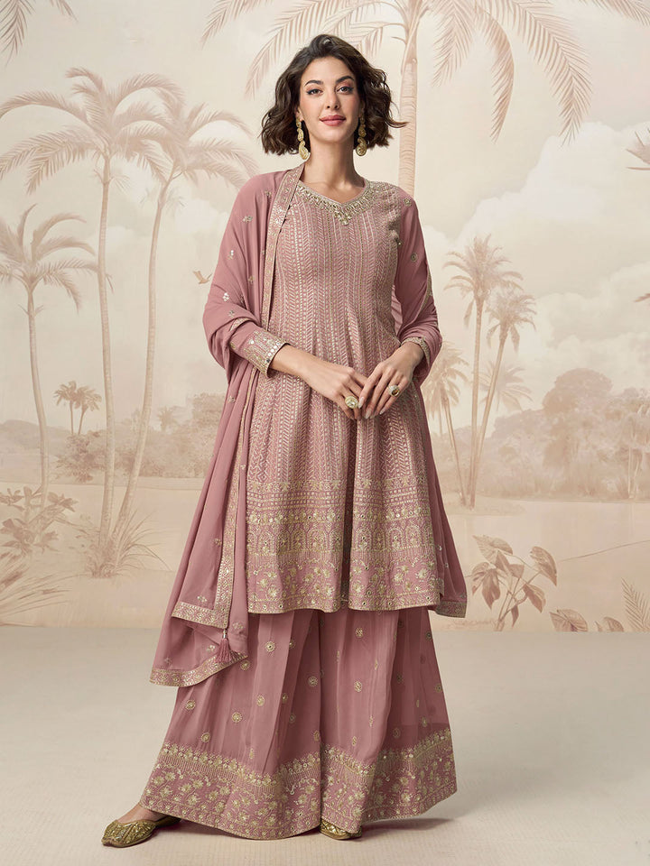 Embroidered Georgette Kurti With Sharara &amp; Dupatta