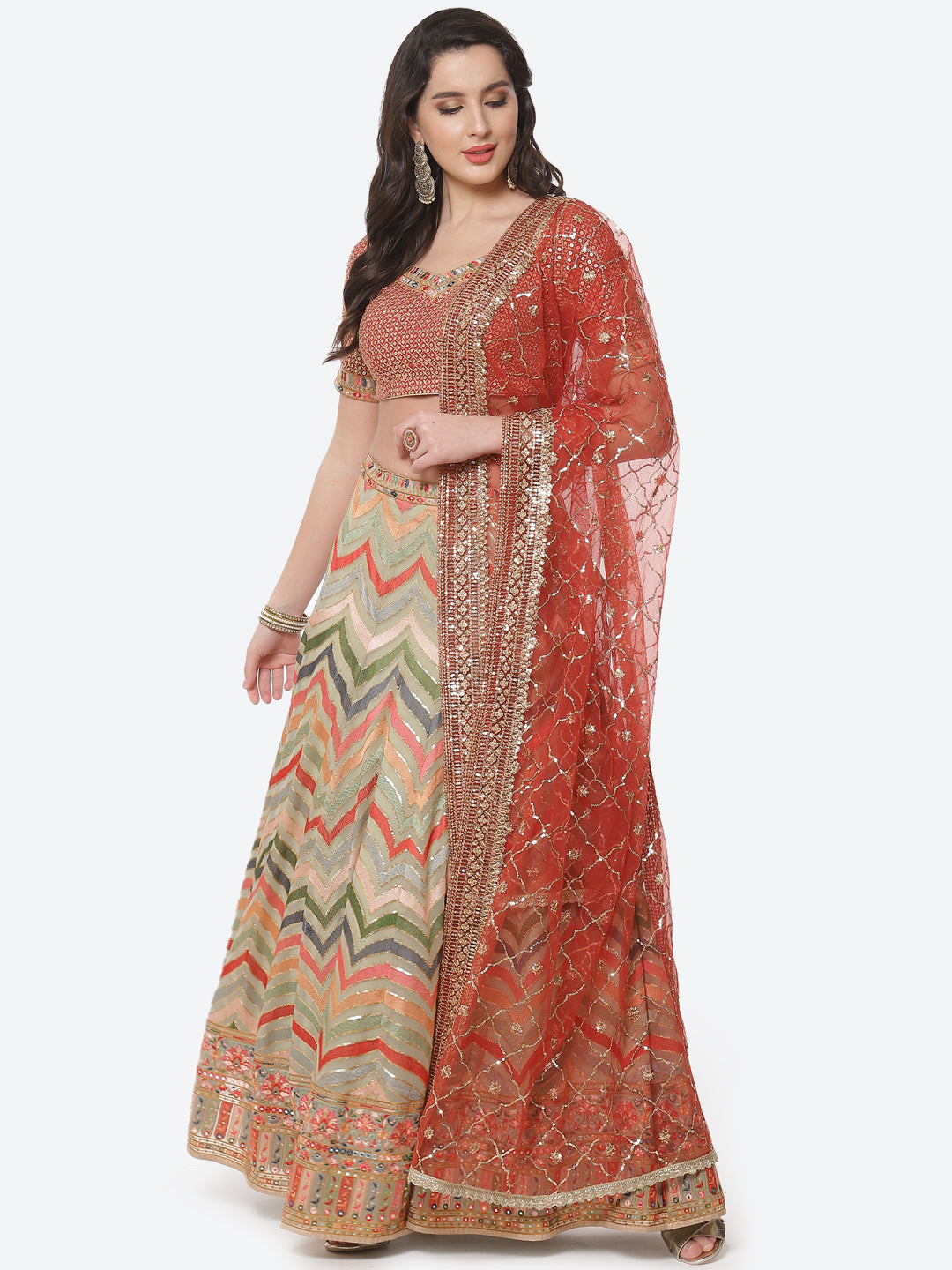 Embroidered Georgette Lehenga With Choli And Dupatta