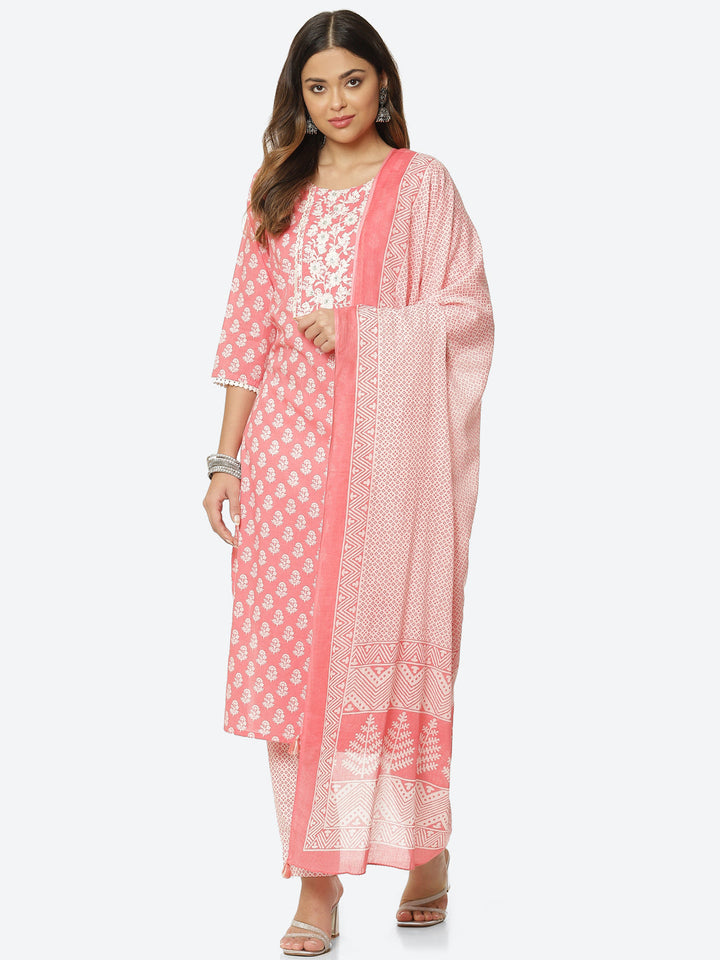 Floral Printed Cotton Kurta With Pant &amp; Dupatta