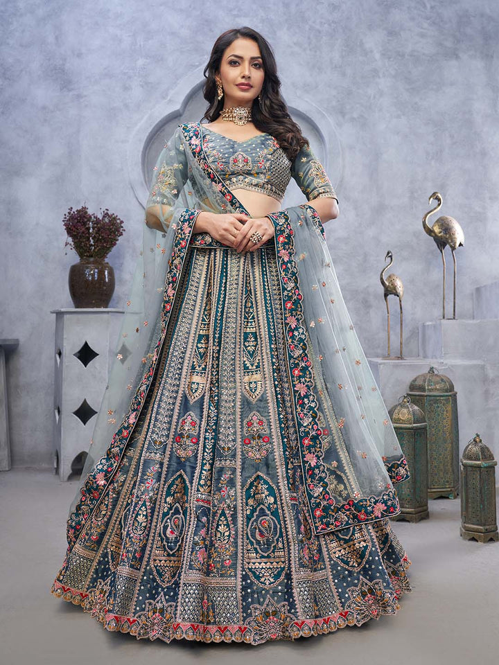 Resham Embroidery Tissue Unstitched Choli With Lehenga &amp; Dupatta