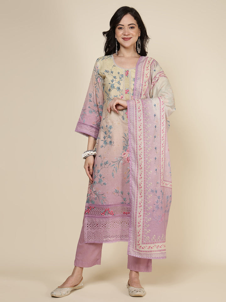 Printed Cotton Blend Kurta With Pants &amp; Dupatta