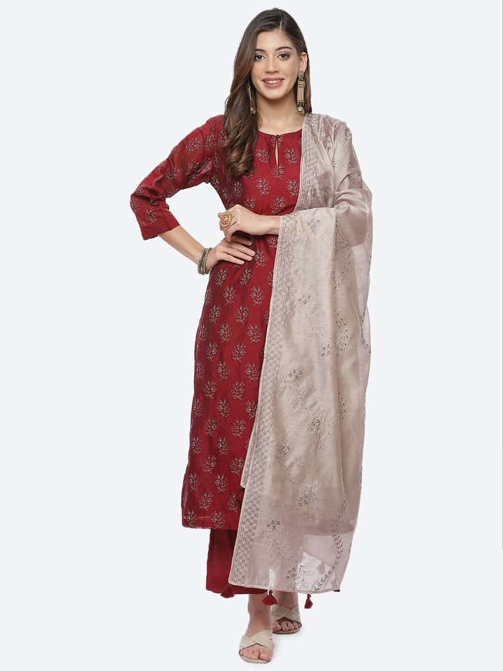Booti Cotton Stitched Salwar Kameez With Chanderi Dupatta