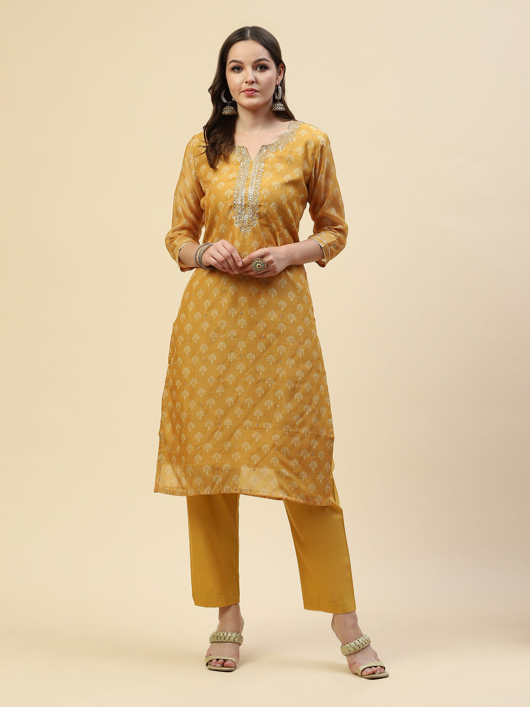 Neck Embroidered Chanderi Kurta With Pants