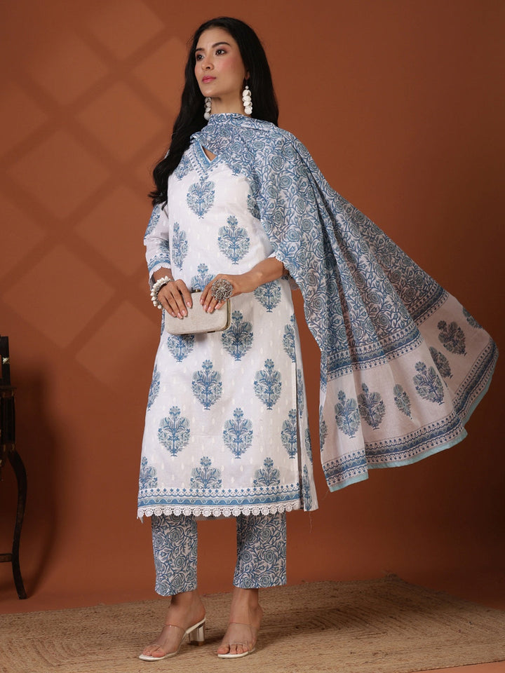 Printed Cotton Blend Kurta With Pant &amp; Dupatta