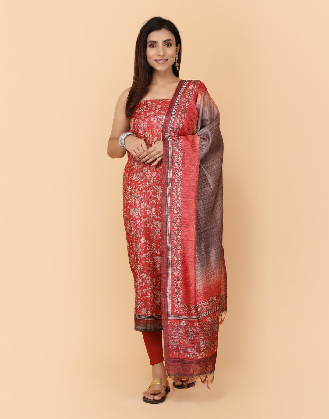 Printed Chanderi Suit Piece With Art Silk Dupatta