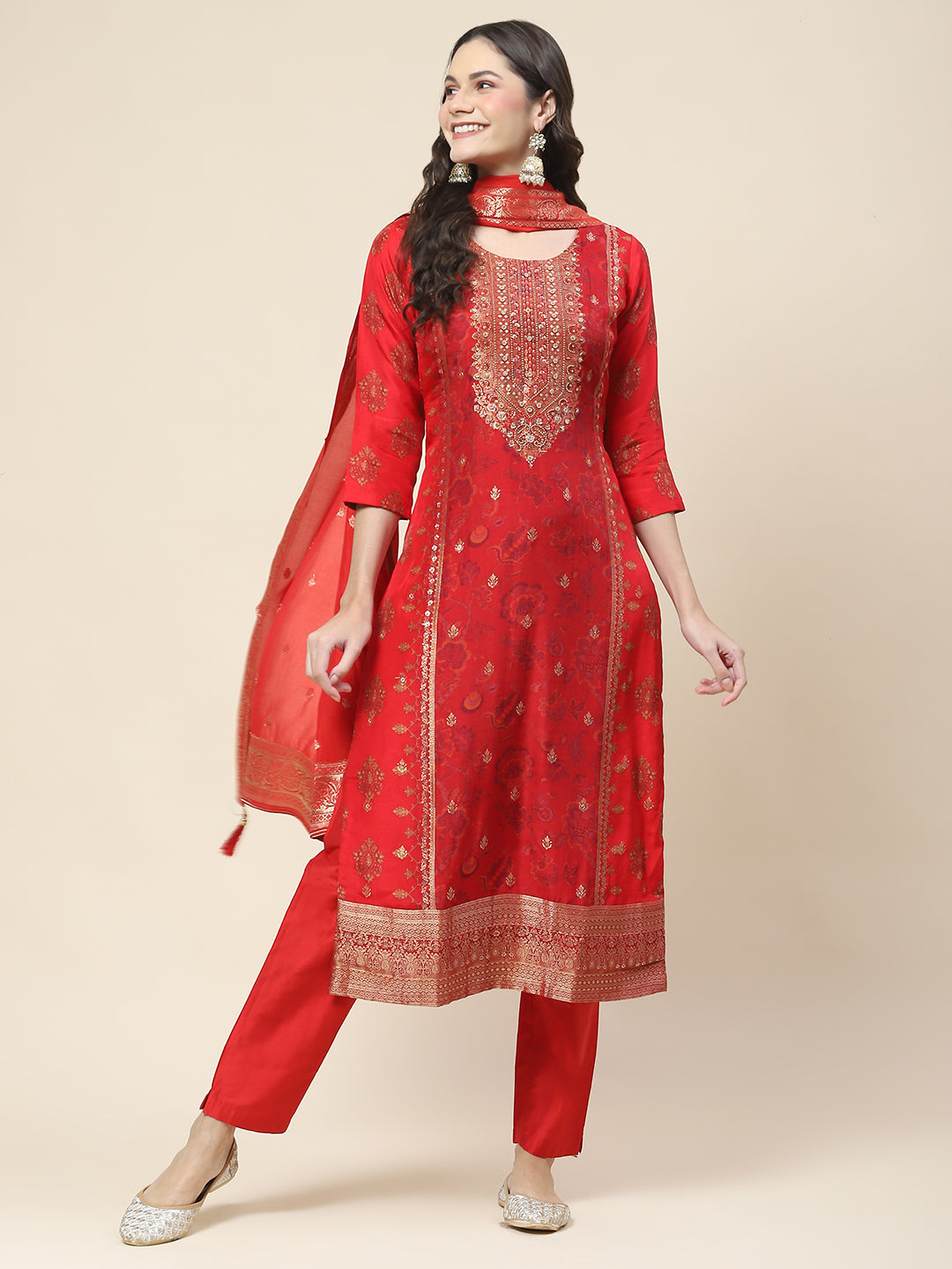 Floral Printed Handloom Kurta With Pants &amp; Dupatta