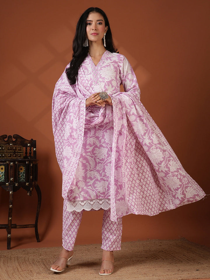 Printed Cotton Blend Kurta With Pant &amp; Dupatta