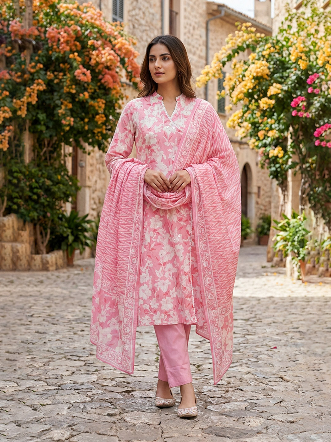 Printed Cotton Kurta With Pant &amp; Dupatta